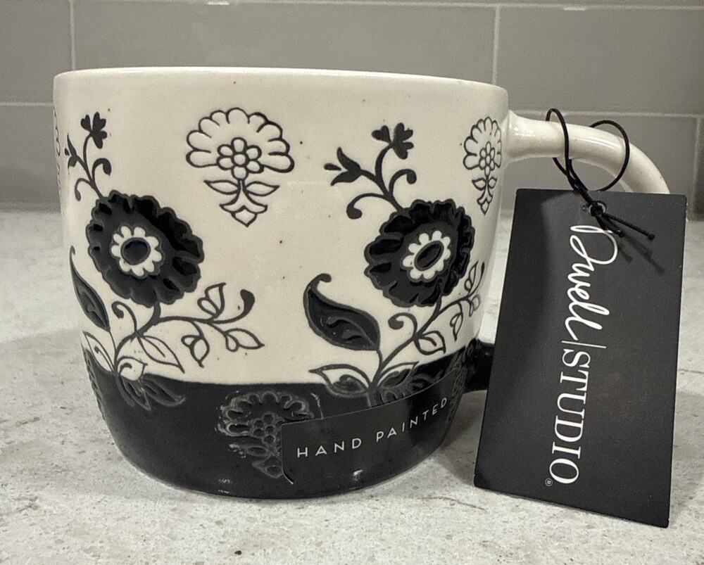Dwell Studio BLACK & WHITE Floral Hand-painted 20 Fl Oz Ceramic Mug Gift Flowers